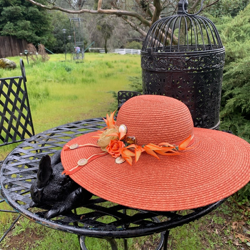 Kreativekristen upcycled Orange wide brim straw Hat with Floral Accents - Picture 3 of 12